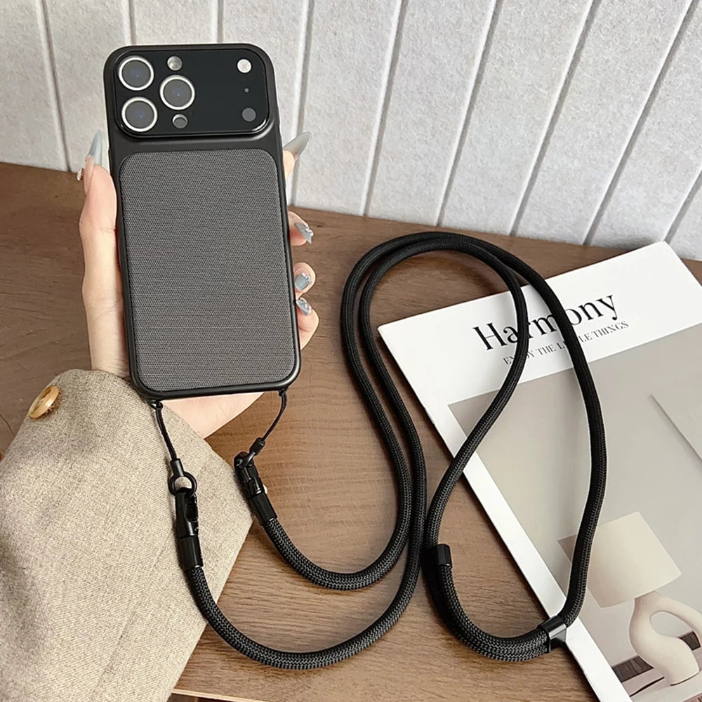 Crossbody Lanyard Knitted Pattern Phone Case For iPhone 17 17Pro 16 15 14 13 12 11 Pro Max Metallic Color Frame Original Cover
