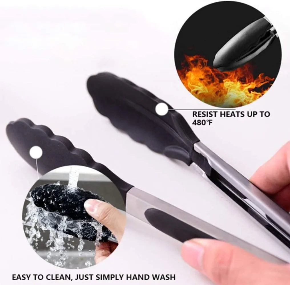 Multi-Size Lock Kitchen Tongs 7/9/12Inch Silicone Tip Heat Resistant Barbecue Gadget for Home Cooking Outdoor BBQ Use