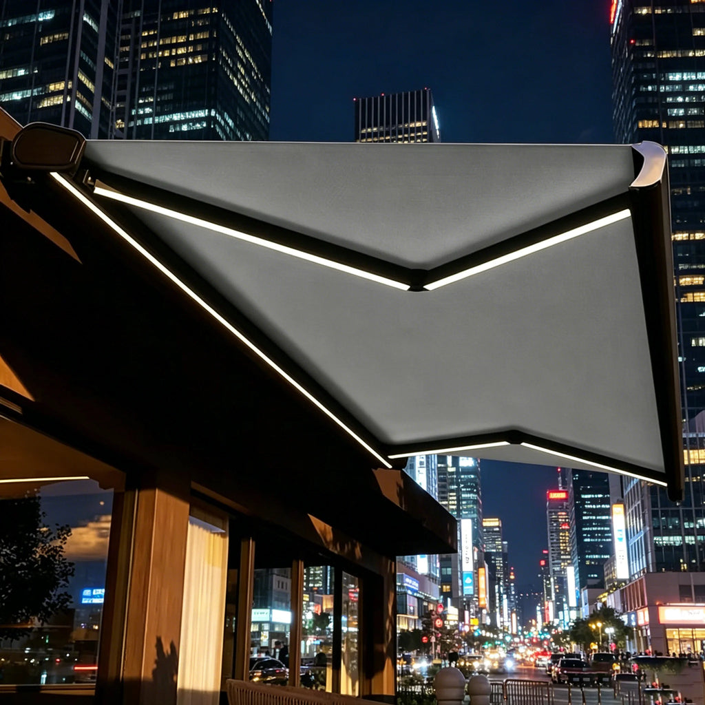 Wind Resistant Retractable Awning Aluminum Alloy Frame PVC Fabric Full Cassette Motorized Awning UV Protection Outdoor Canopy