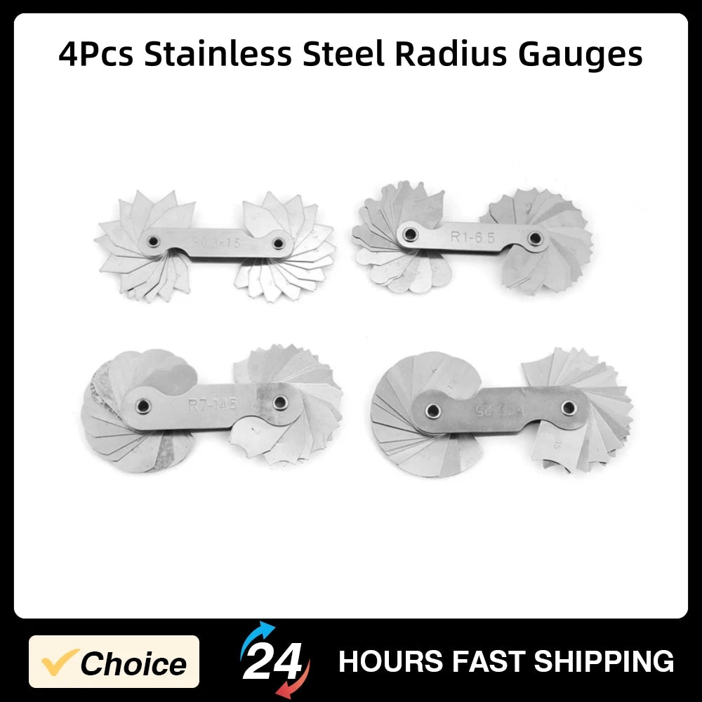 4Pcs Stainless Steel Radius Gauges R0.3-1.5/ R1-6.5/ R7-14.5/ R15-25 Tool Radius Detection Gauge Check Convex Concave Surfaces