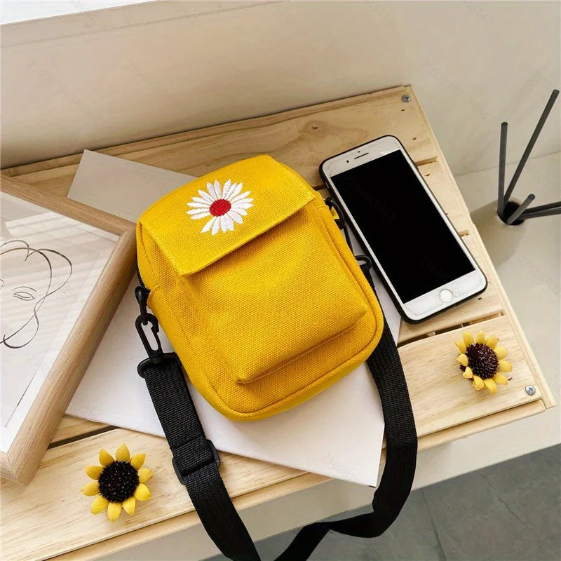 1pc Korean Version of Small Daisy Bag, Messenger Bag Canvas New Small Fresh Simple Versatile Shoulder Mobile Phone Bag