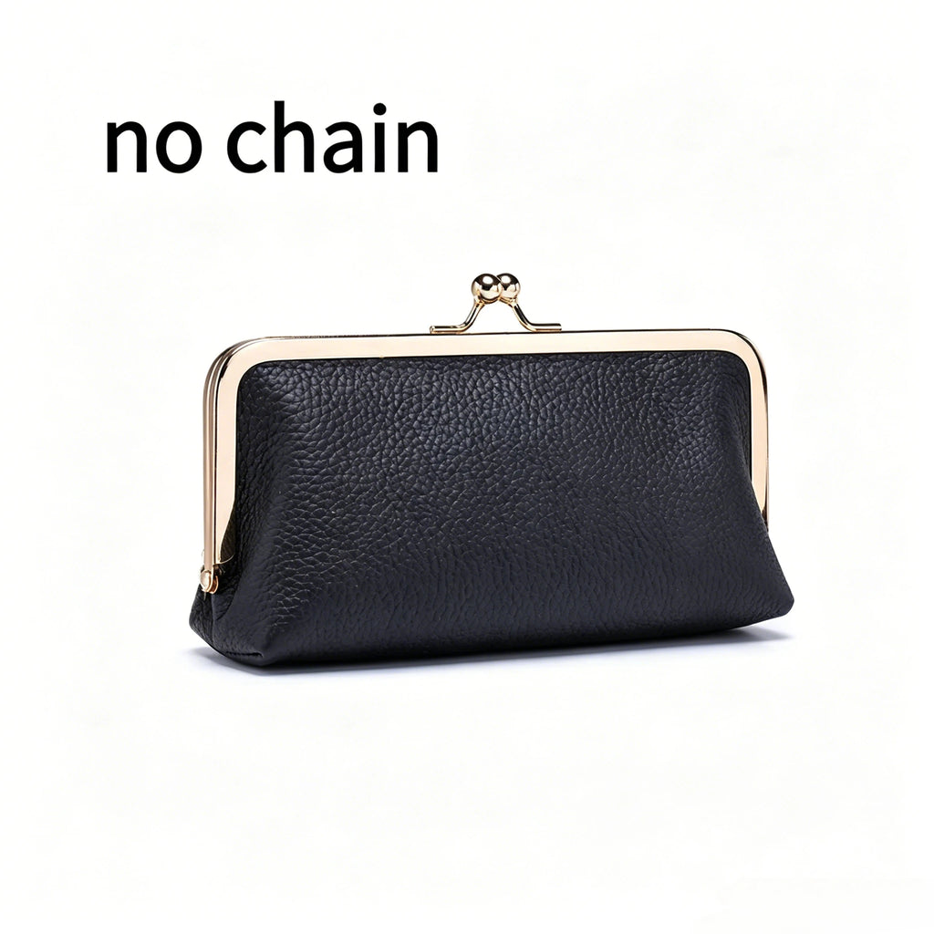 Women's Kiss Lock Clutch Bag, Top Grain Genuine Leather Wallet Large Capacity Travel Clutches with Detachable Chain Strap