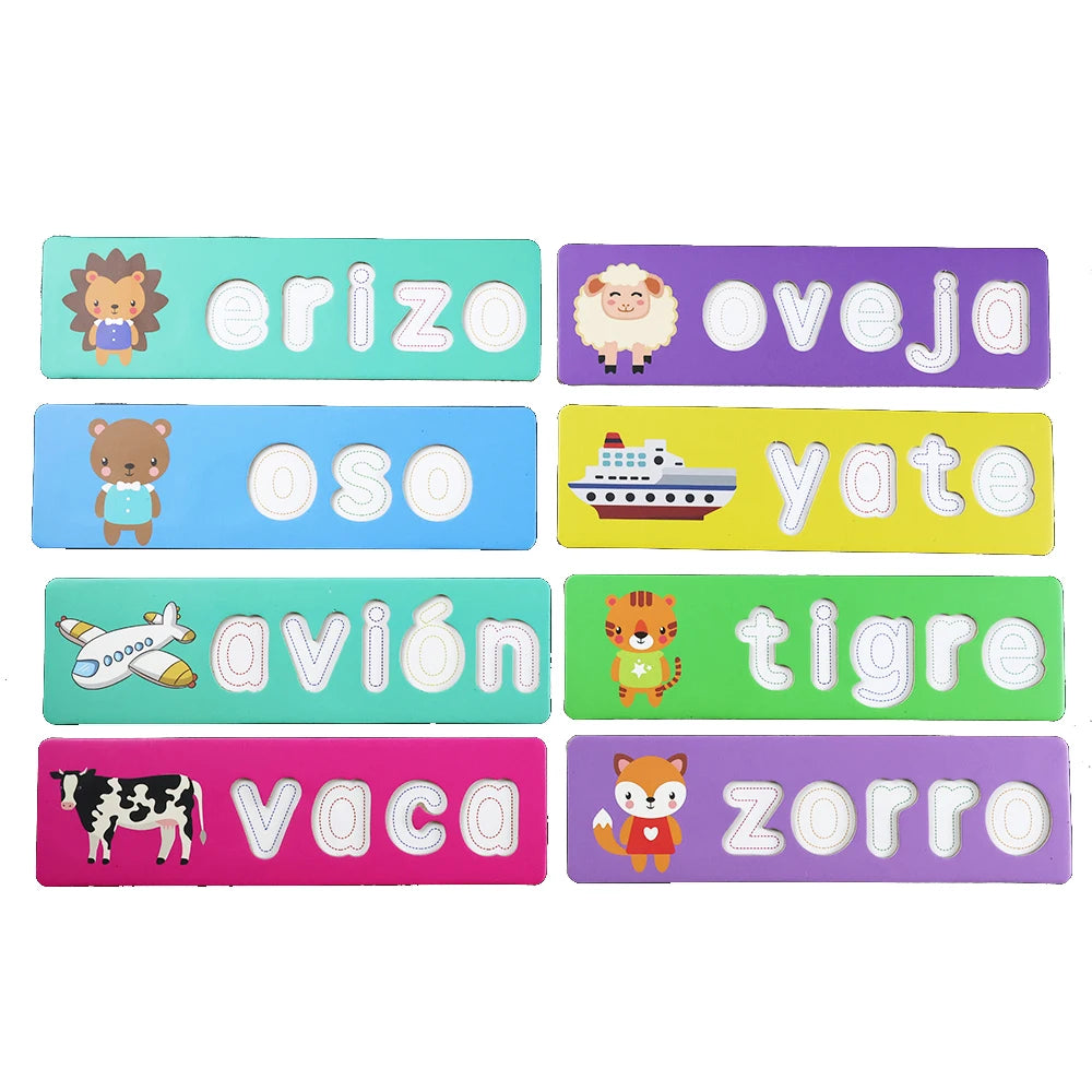 Toddler Montessori Spell Spanish Alphabet Words Game Wooden Toy Learning Jigsaw Letter Puzzles Early Educational Toys for Kids