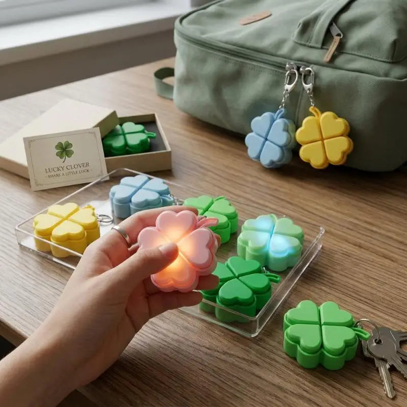 Lucky Four-Leaf Clover LED Light Up Keychain Clickable Buttons Stress Relief Toy Backpack Pendant Party Gift For Kids Adults