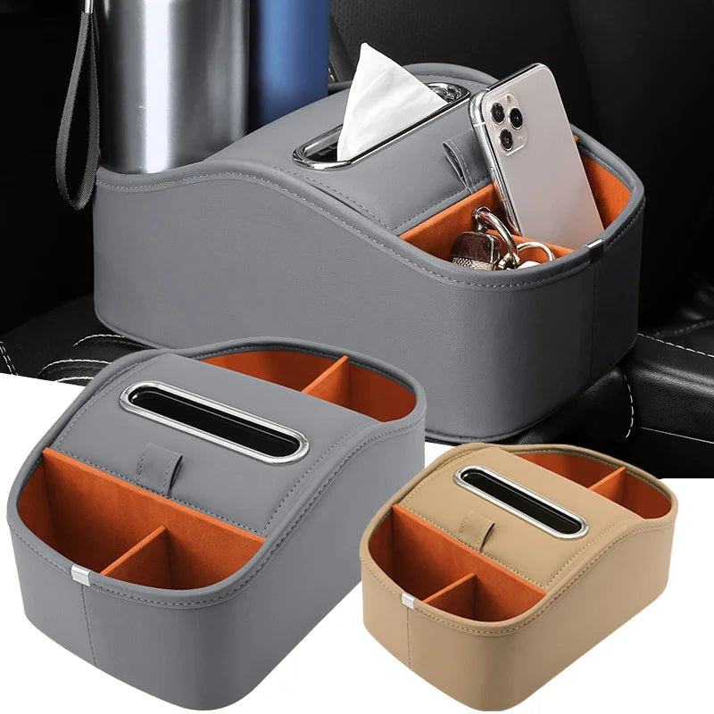 Center Console PU LeatherCup Holder,Car Front Seat Organizer with Compartment Universal Car Armrest Storage Box with Tissue Slot