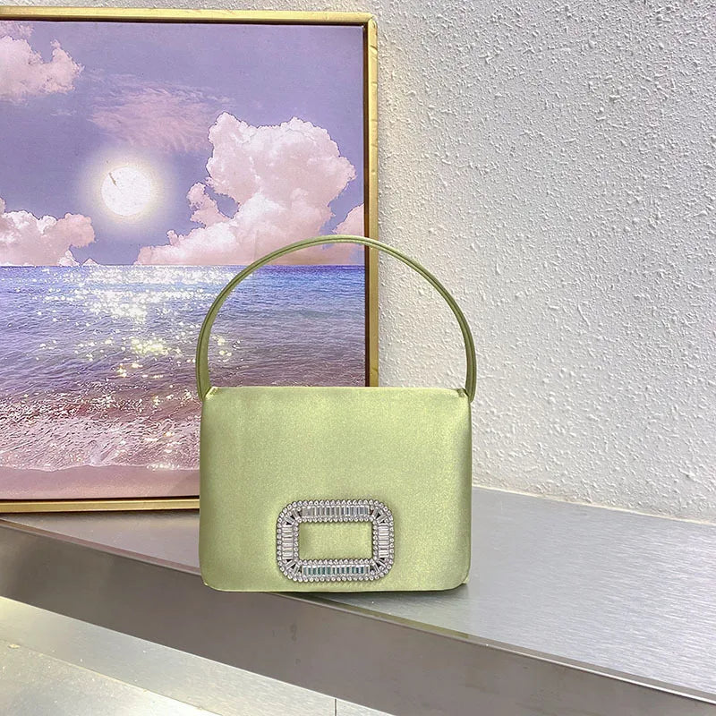 Luxury Diamond Square Button Women's Evening Bag Party Clutch Purses Satin Rhinestone Small Square Bag Chains Shoulder Bag Bolsa