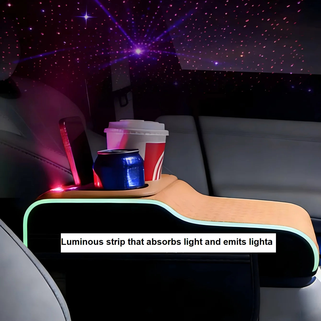 A Multifunctional Car Armrest Box with Interchangeable Cover, Featuring a Starry Laser Projection, Side Light-Emitting Strips, Dual Type-C/Usb Charging Ports for Mobile Phones, Easily Transforms into a Cup Holder, Tissue Box,