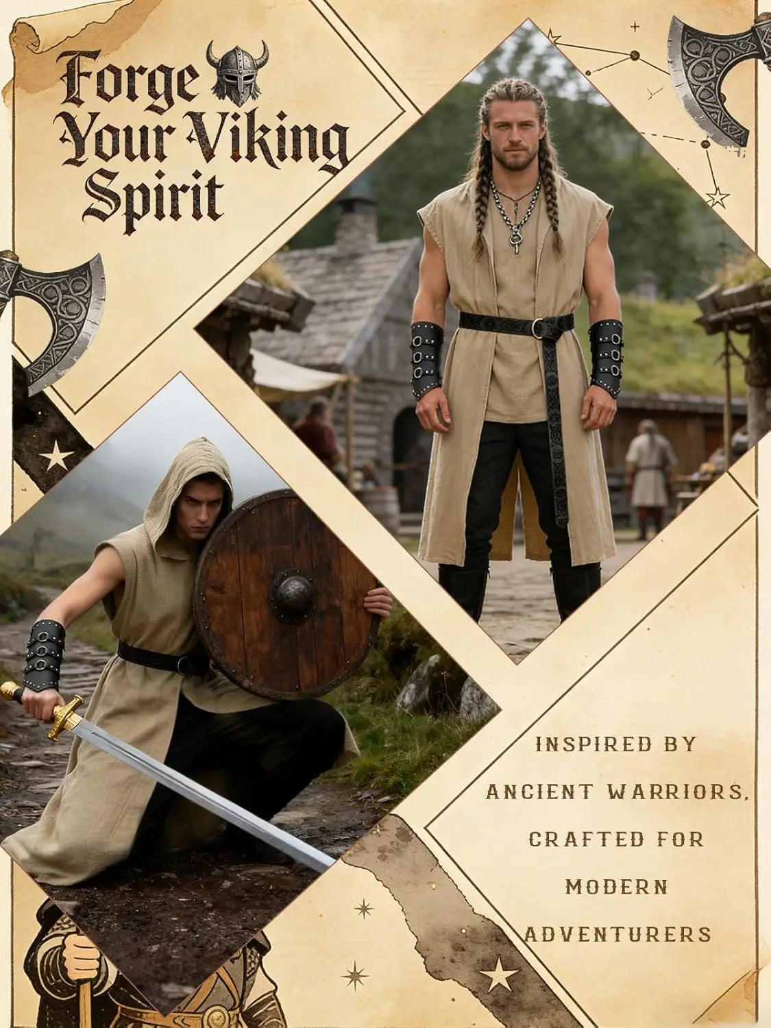 Verceco Men’s Renaissance Costume Set – Medieval/Renaissance Costume for Men with Hooded Surcoat Leather Belt & Bracers