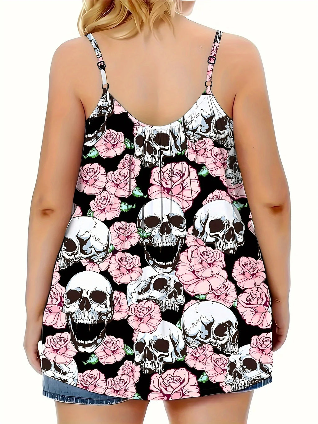 Plus Size Women's Sleeveless T-Shirt - 2025 Summer Skull Print Loose Fit Tank, Gothic Y2K Streetwear Top for Curvy (1XL-5XL)