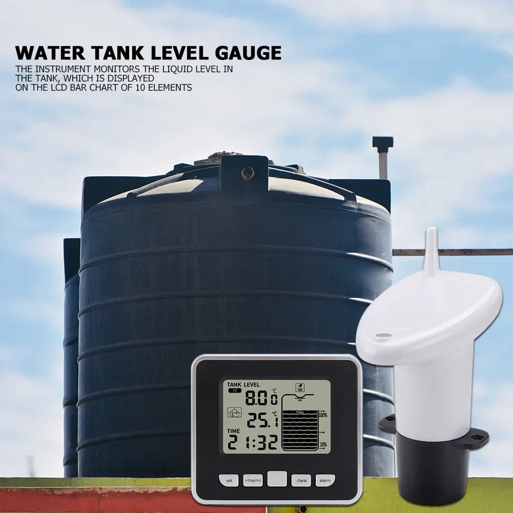 Ultrasonic Water Tank Liquid Level Meter Temperature Sensor Time Display W/ Alarm Ultrasonic Water Tank Liquid Depth Level Meter