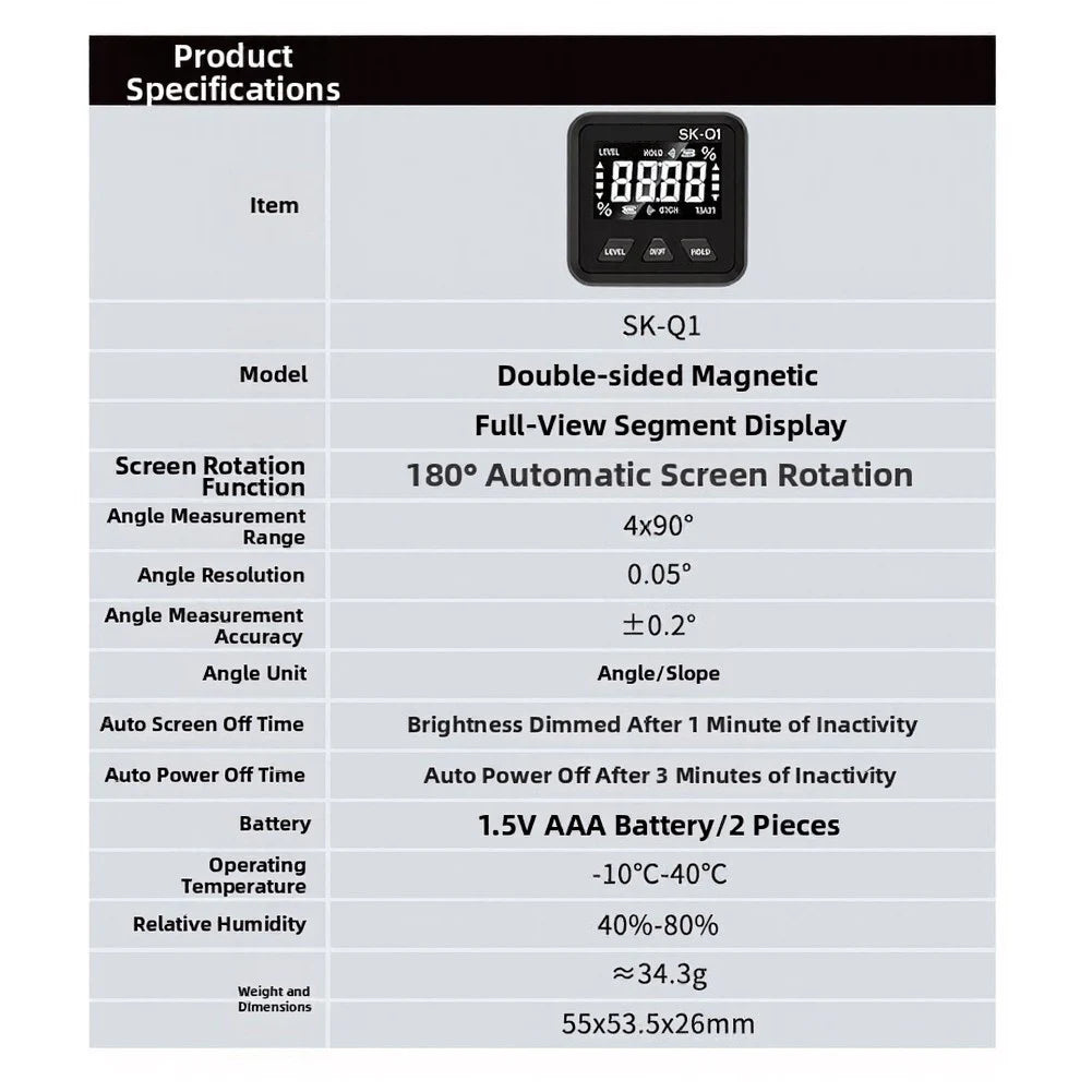 Electronic Angle Ruler SKQ1 Magnetic Base Inclinometer With Reverse Display For Horizontal Slope Gauge Instrument
