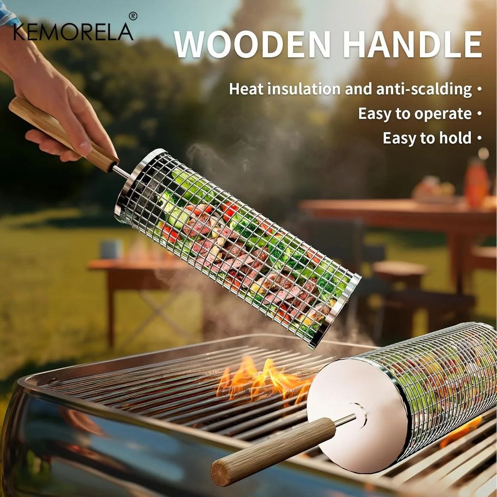 Round Barbecue Grill Basket Set, Stainless Steel Rolling BBQ Cage, Wire Mesh Cylinder Grilling Rack, Outdoor Camping Essential