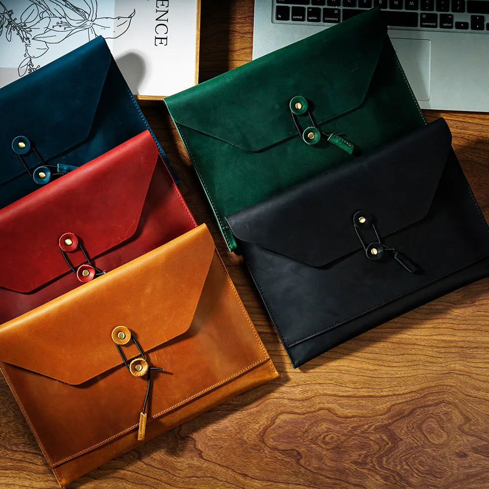 Vintage Top-Grain Leather iPad Case - Multi-Function Laptop Briefcase with Card Slots & File Organizer