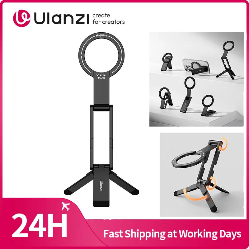 Ulanzi MA60 Foldable Magnetic Phone Tripod Handheld Selfie Phone Mount for iPhone 16 15 14 13 Android with Magnetic Ring
