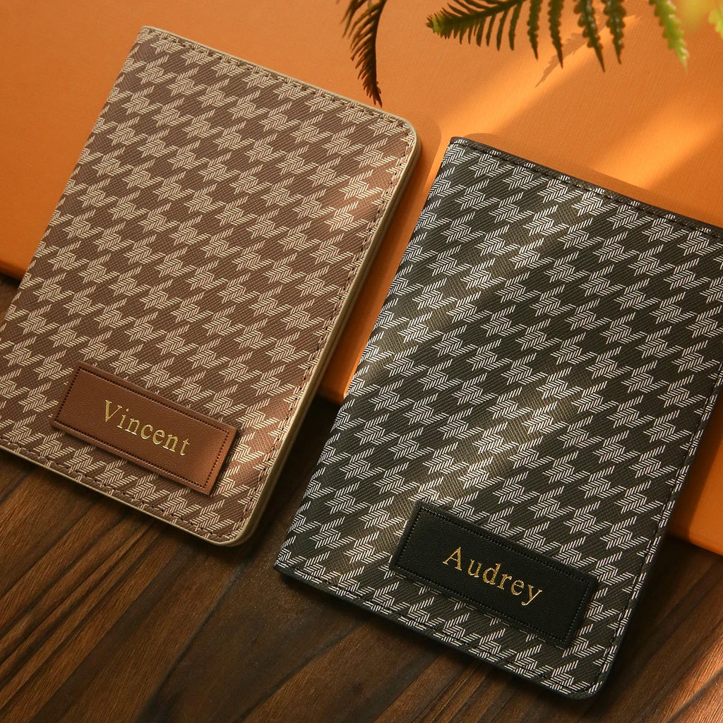 1PCS Customized Name Elegant Passport Cover Personalized Passport Holder with Classical Houndstooth Print Customized Card Holder