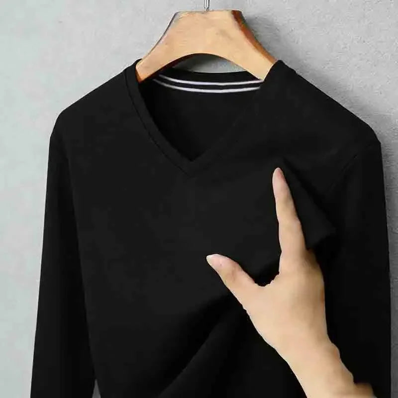 Basic Men's Light Gray V-neck Long Sleeve T-shirt Textured Fabric Casual Top for Everyday Outfits