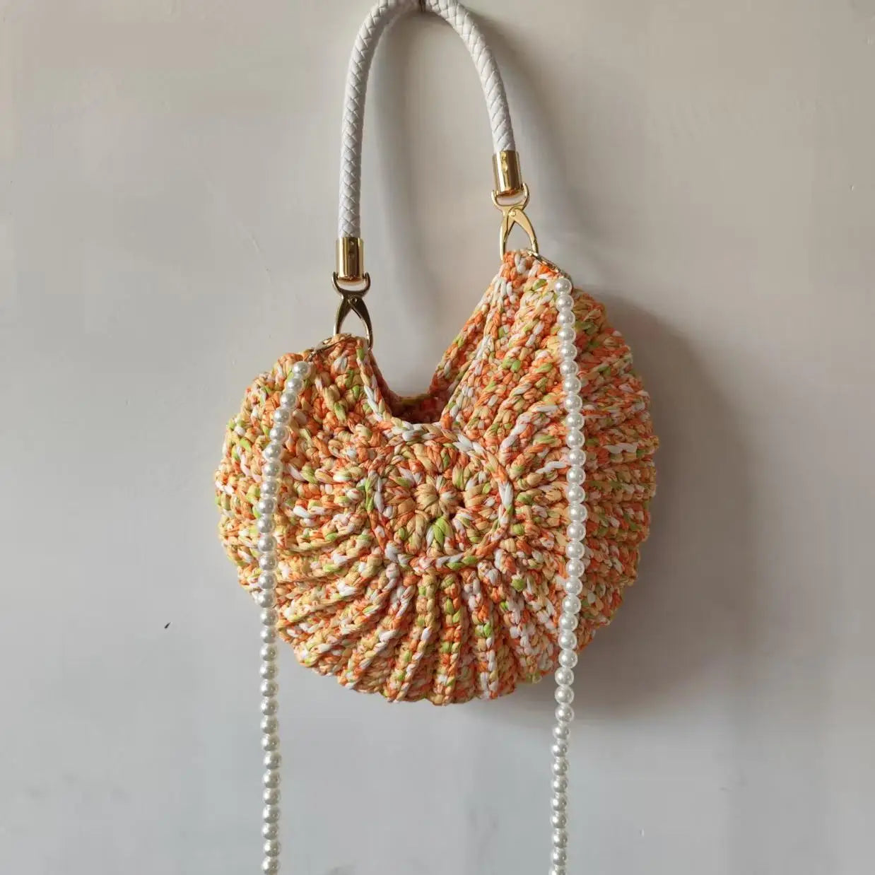 Creative Candy Color Conch Bag For Women Crochet Shoulder Bags Funny Cute Pearls Chains Handmade Weave Crossbody Hobo Shell Bag