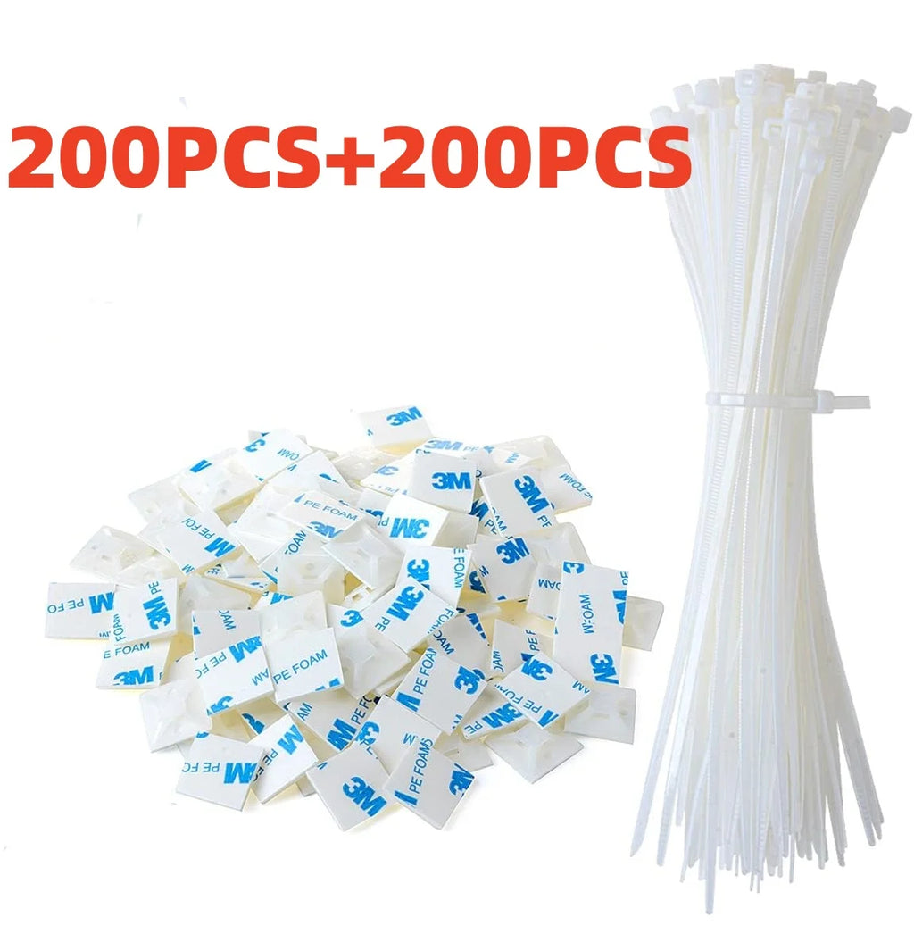 100pcs Self-Locked Nylon Cable Tie+ Nylon Square Plastic 3M Self Adhesive Wire Zip Fixed Seat Holder Cable Tie Mount Base