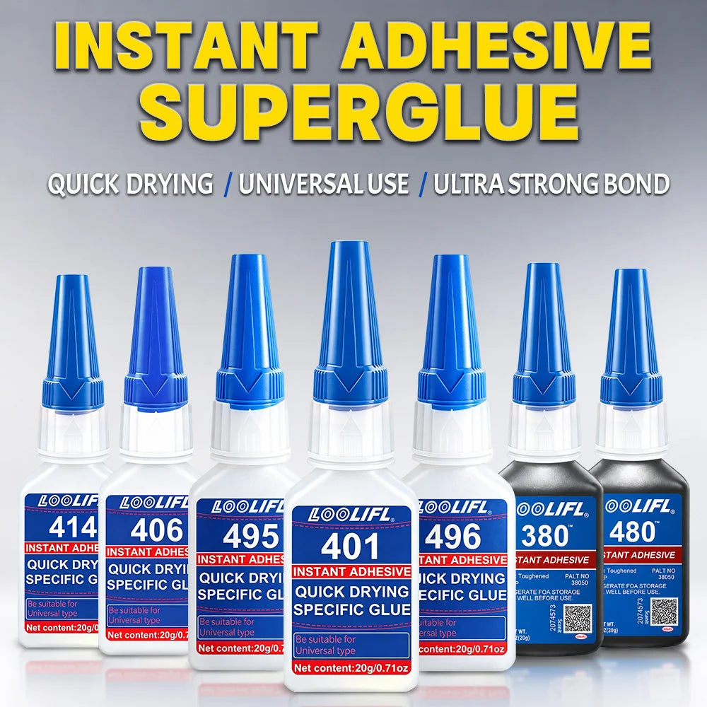LOOLIFL Super Glue 401 406 414 480 495 496 380 480 Cyanoacrylate Instant Adhesive Suitable for Super Bonding of All Materials