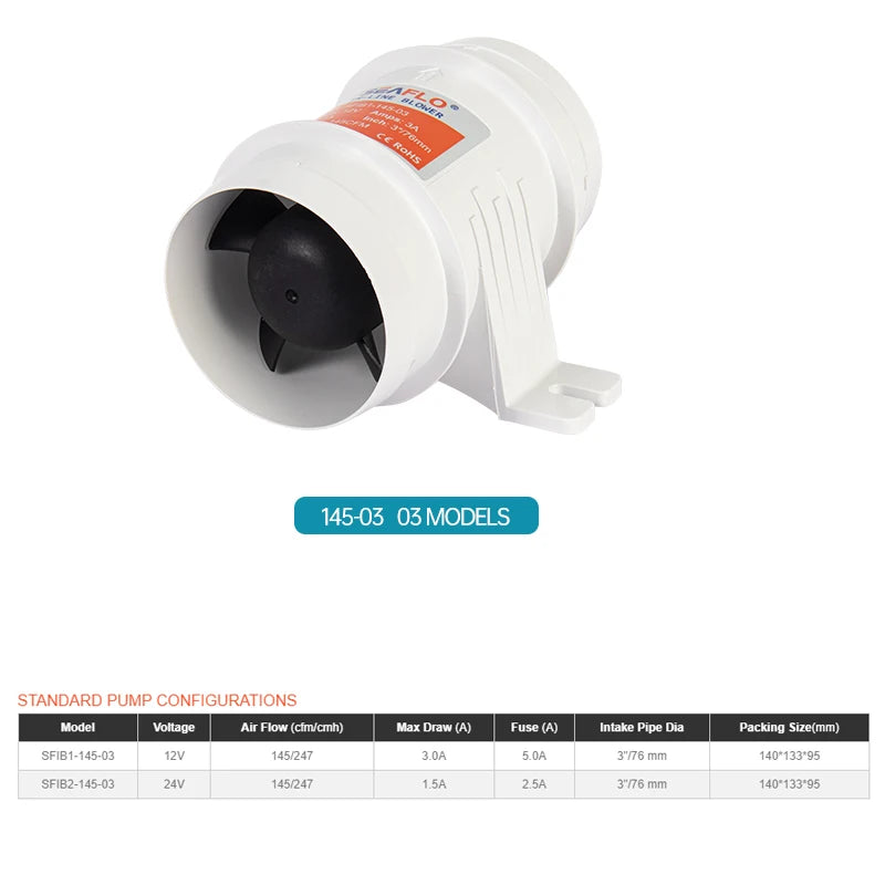 12V/24V 40A ABS Quiet Air Blower Water Resistant High Air Flow In-Line Blower Marine Bilge Boat Blower Motor Plastic