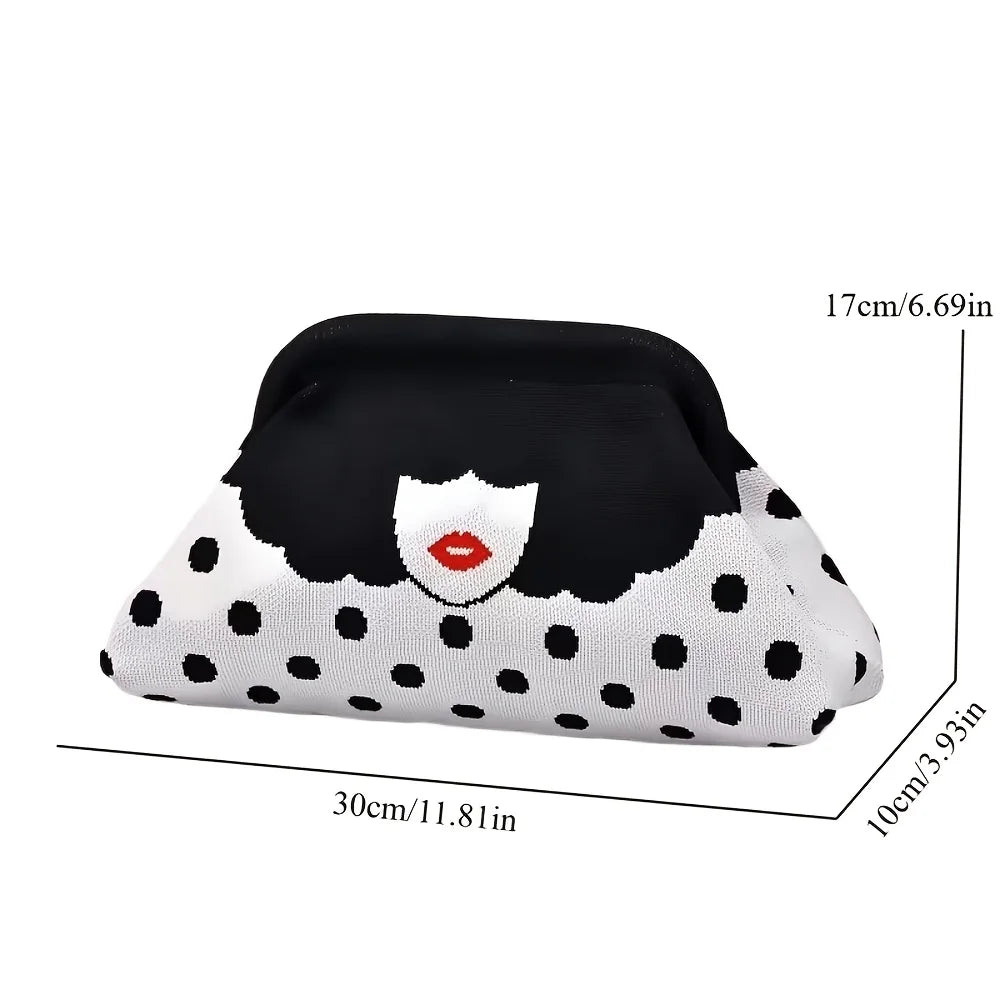 Trendy color-blocking fun lip print knitted pattern design ladies' evening banquet lightweight luxury commuting clutch