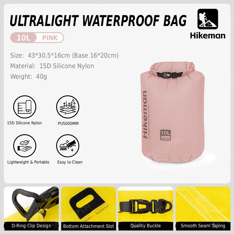 HIKEMAN Ultralight Waterproof Dry Bag Outdoor Storage Sack 15D Silicone Nylon 6L 10L 16L for Camping Hiking Travel and Swimming