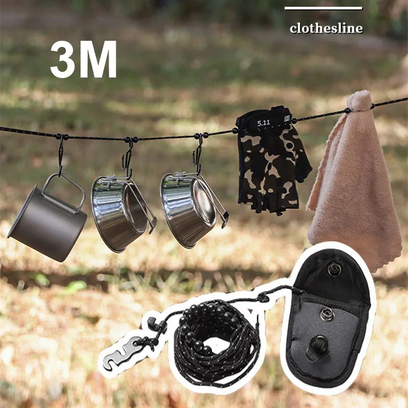 3M Outdoor Camping Stretch Clothesline with 12 Beads Clips Retractable Laundry Dryer Clothes Rope Hanging Laundry Drying Ropes