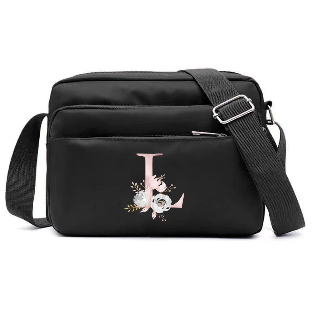 New Simple Black Storage Bag Multi-layer Travel Leisure One Shoulder Crossbody Bag Pink Flower Letter Series Printing Pattern