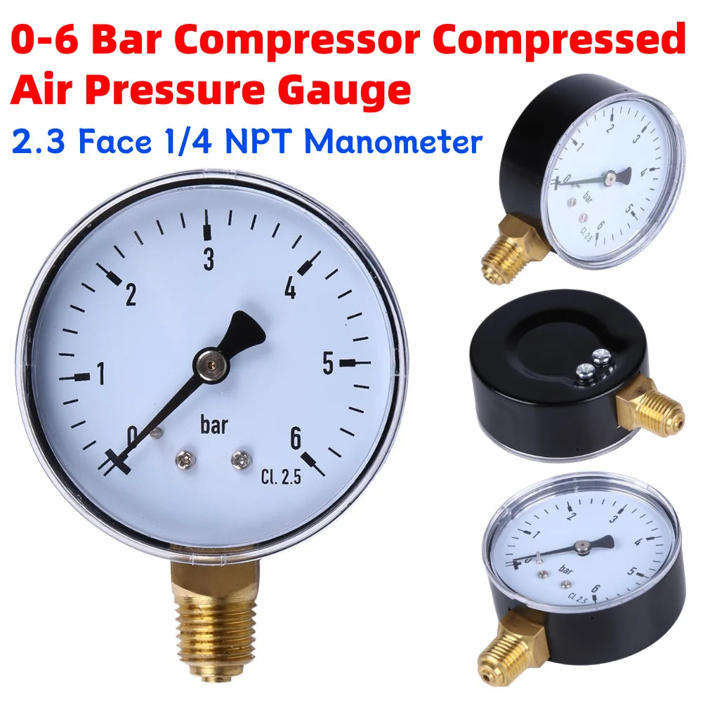6 Bar Manometer 1/4 NPT Air Compressor High Strength Pressure Gauge 2.3 Face for Air Water Oil Gas Measurement