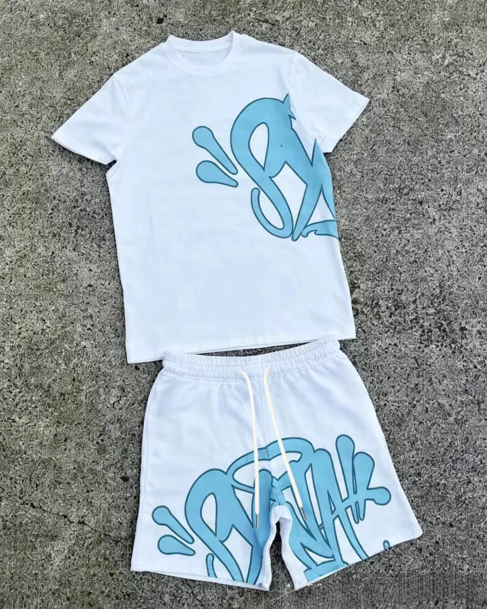 2026 Summer New Style Unisex Abstract Graffiti Graphic 2 Piece Tracksuit Black Tee and Elastic Waist Shorts for Kids Streetwear