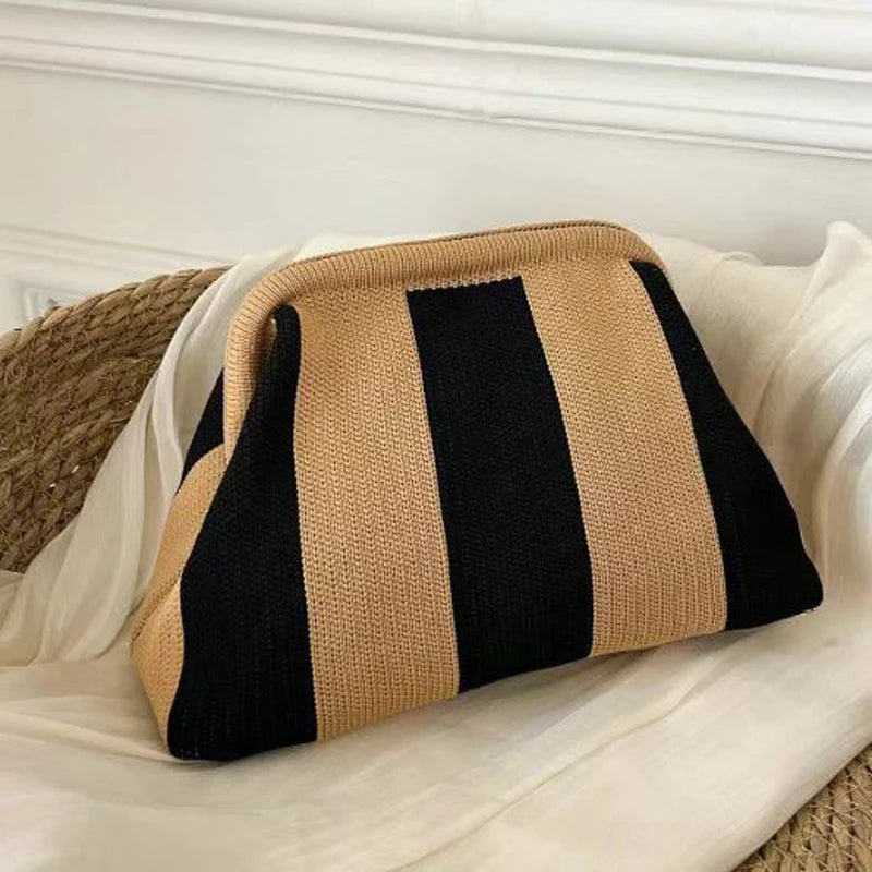 Woven Crochet Handbag Striped Colorblock Clutch Purse Ruched Bag Versatile Casual Beach Clutch Bag For Daily Commute Vacation