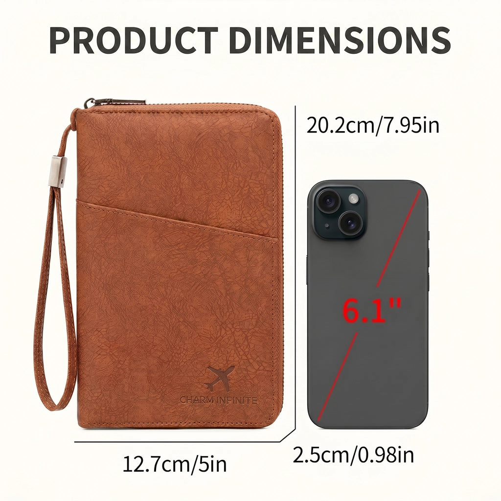 Multi-Functional RFID Blocking Passport Wallet Zipper Travel Document Holder Wrist Strap Multi Passports Card Ticket Organizer