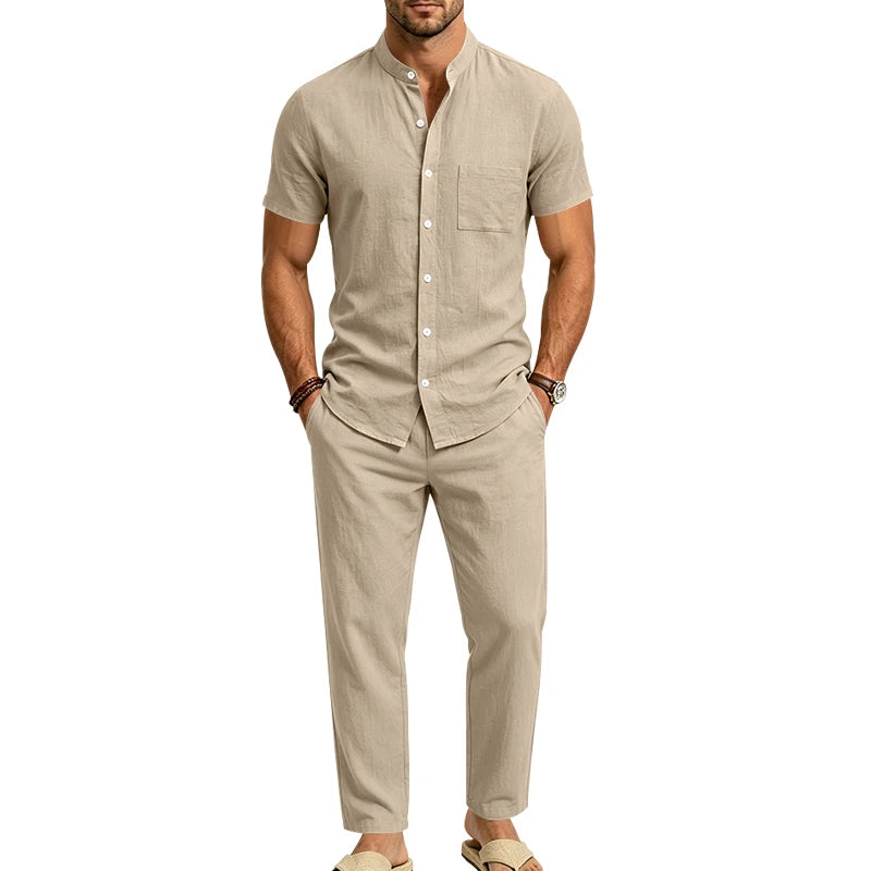 Men's Linen Popular Breathable Simple Two-Piece Set, Stand Collar Short-Sleeve Shirt with Straight-Leg Casual Pants