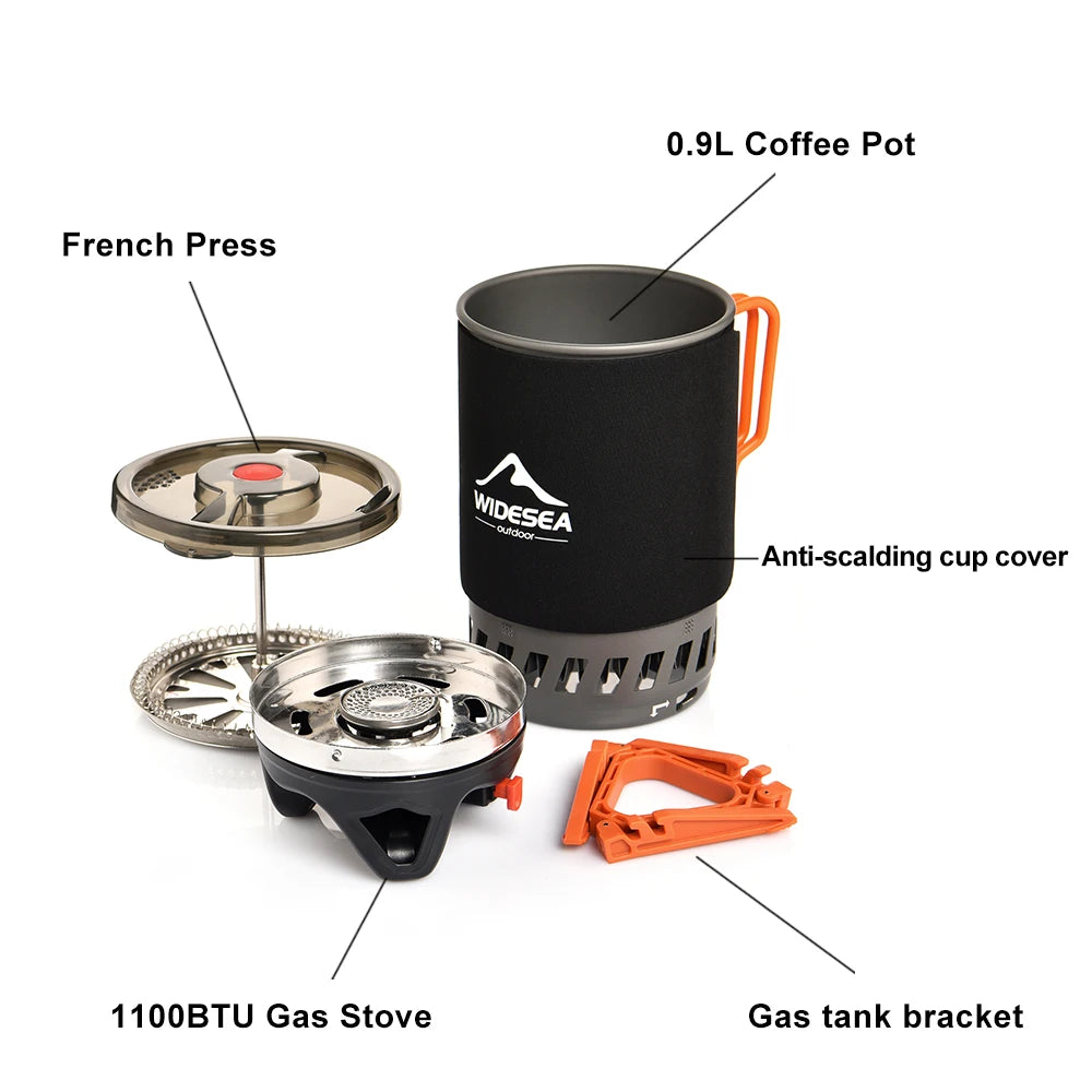 Widesea Portable Camping Coffee Maker Set French Press 0.9L Coffee Pot 1100BTU Gas Stove with Anti-scalding Cover for Outdoor Hi