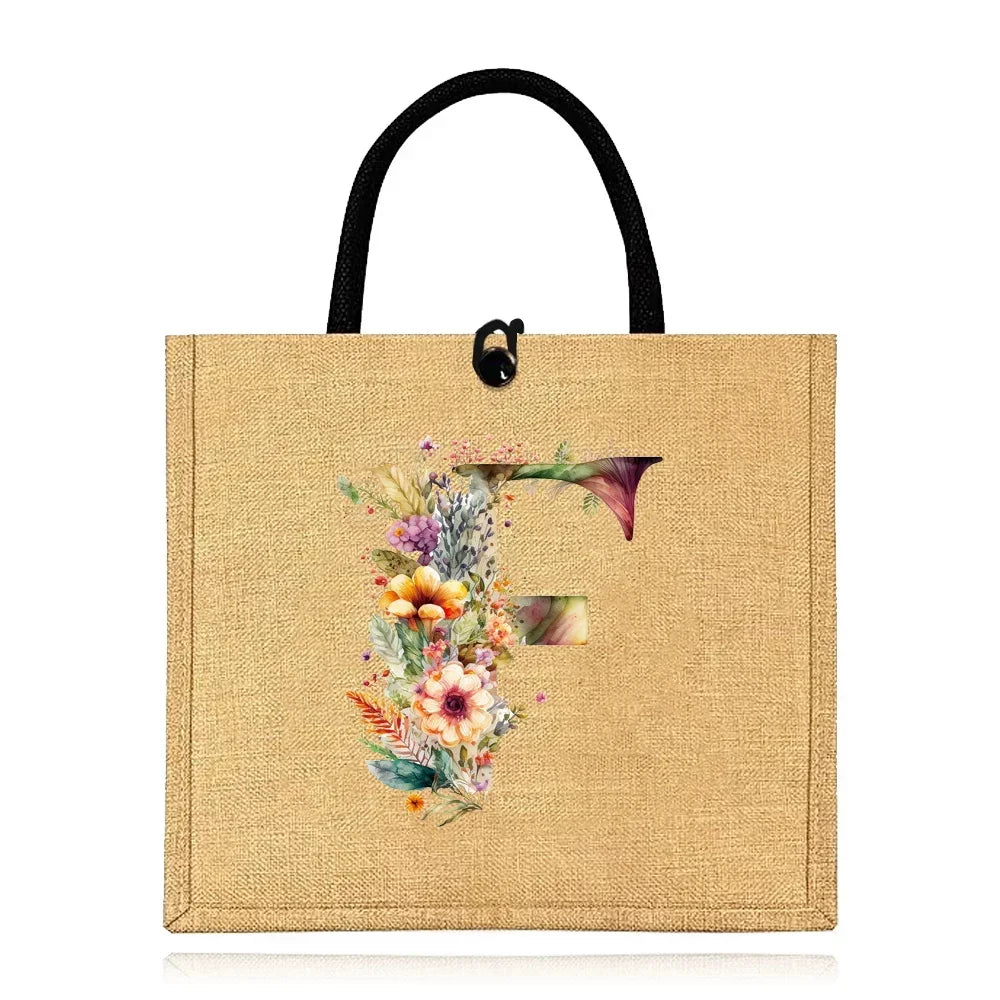 Flax Bag Fastener Handbag Organizer Storage Jute Tote Bags Imitation Cotton Women Valise Portable Floral Letter Printing Series