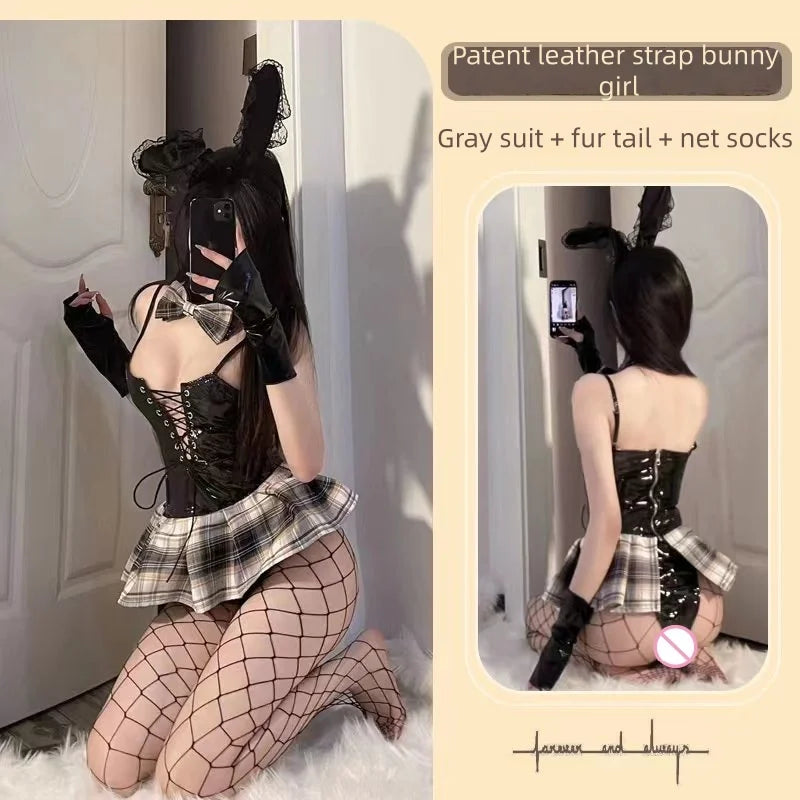 New sexy lingerie camisole patent leather red plaid skirt uniform bunny girl seduction straps student uniform leather jacket