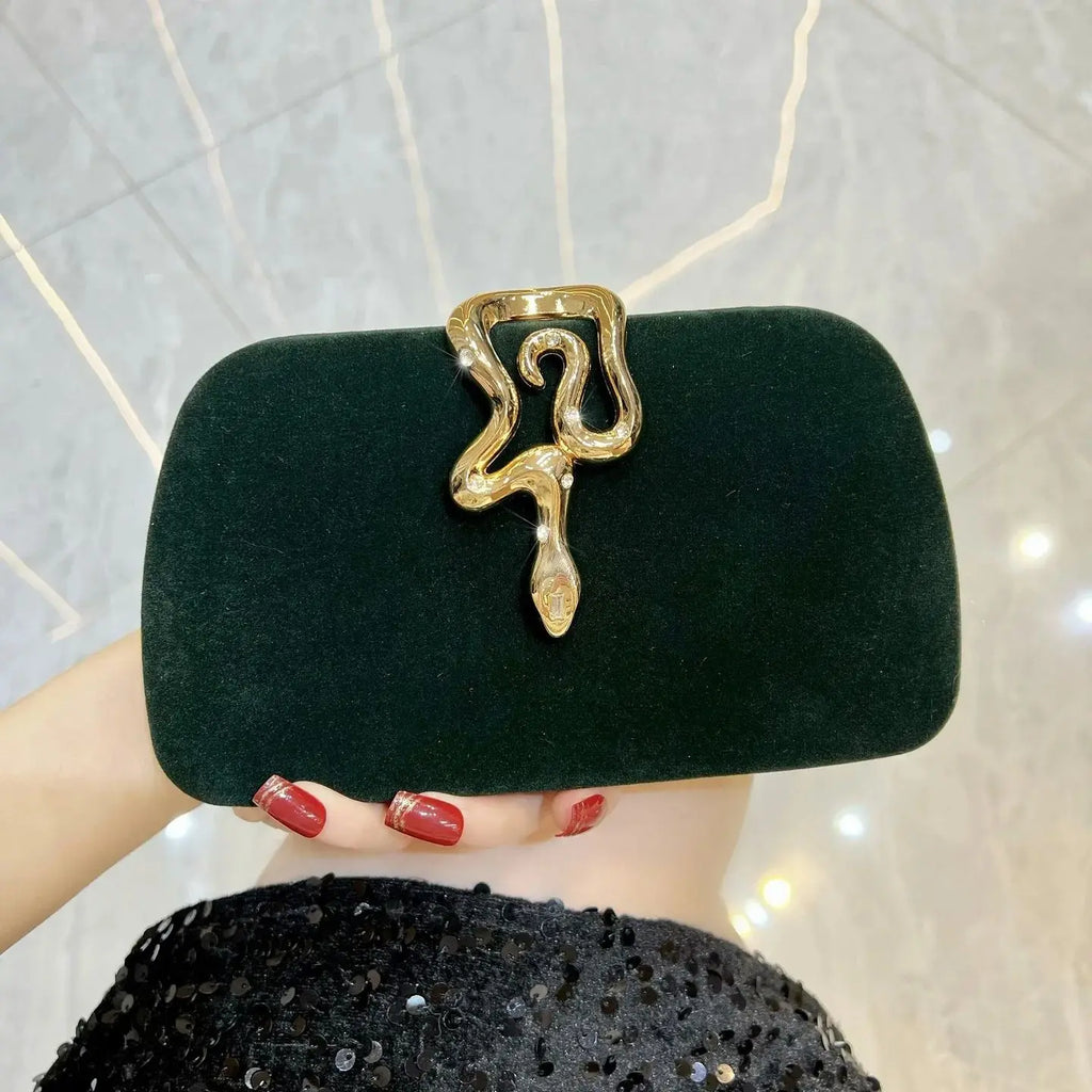 New Velvet Clutch for Women, Elegant Crossbody Bag with Snake-Shaped Buckle & Rhinestone Decoration, Luxury Evening Handbag