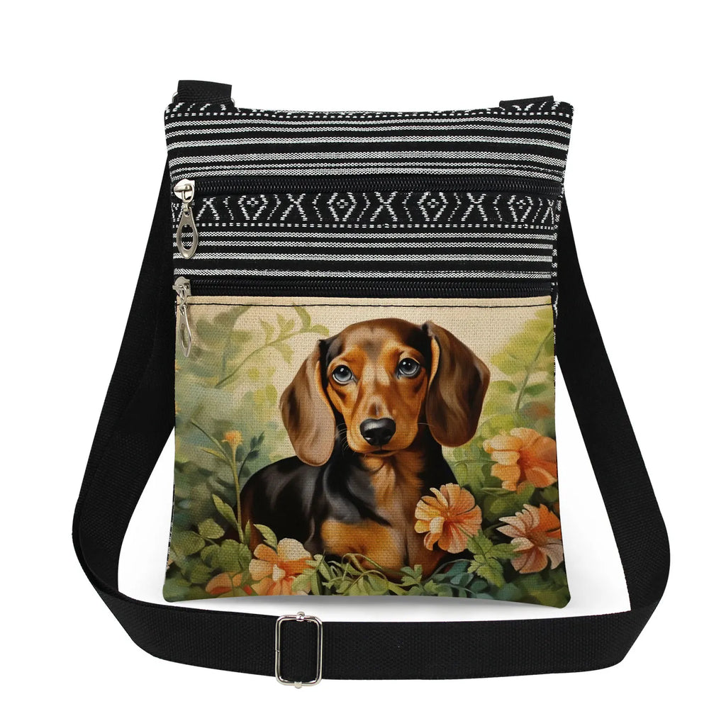 Cute Dachshund Print Crossbody Bag Female Floral Animal Shoulder Bags Fashion Outdoor Portable Double Zipper Lady Messenger Bag