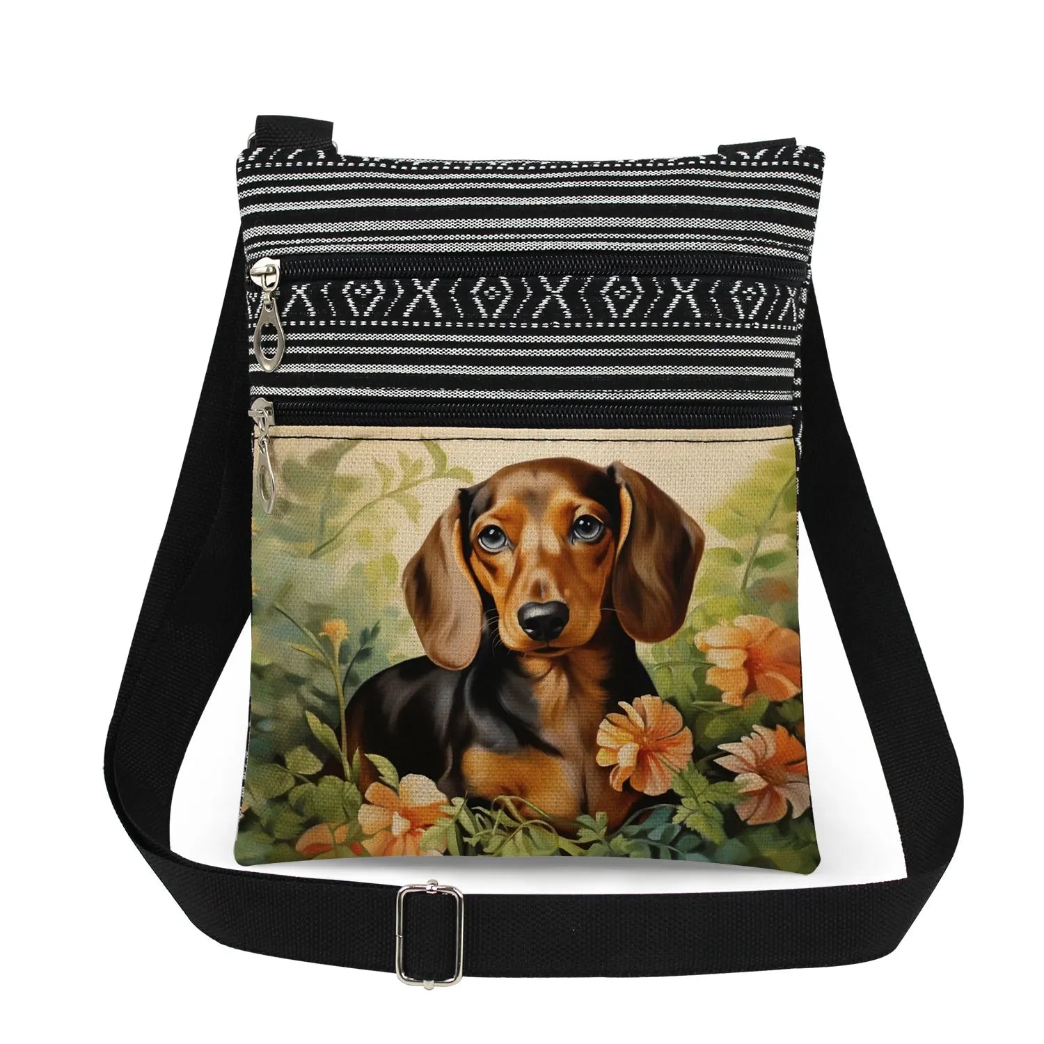 Cute Dachshund Print Crossbody Bag Female Floral Animal Shoulder Bags Fashion Outdoor Portable Double Zipper Lady Messenger Bag