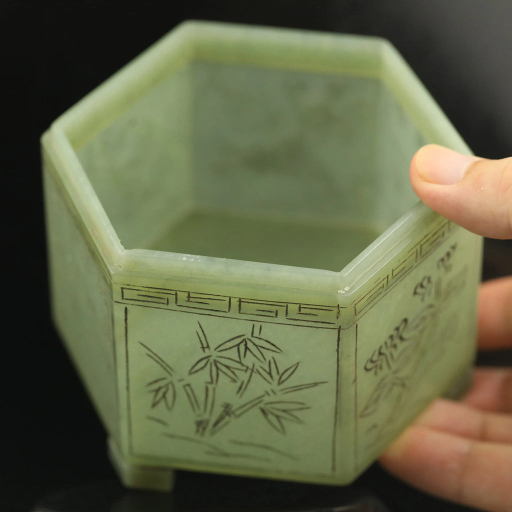 Natural hetian Jade Hand Carved four kind flower ancient characters bottle hexagon box  #33
