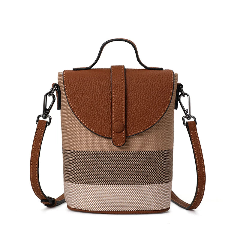 Women's Canvas Spliced Cowhide Shoulder Bag, Mini Striped Flap Handbag, Coin Purse & Crossbody Bag
