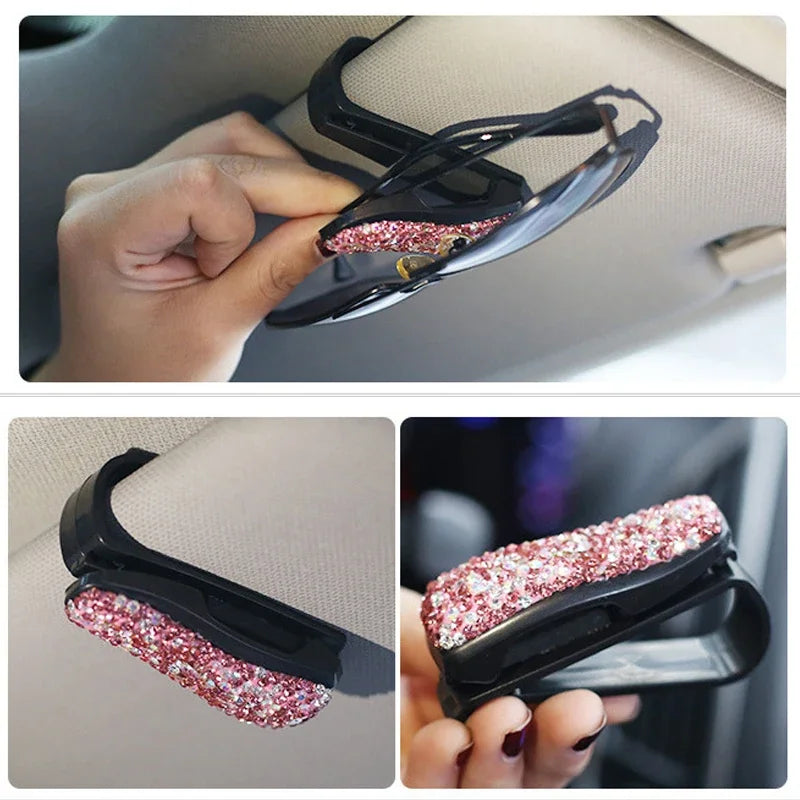 1PCS Bling Sunglasses Eyeglasses Holder Rhinestone Diamond Sun Visor Glasses Fastener Clip Portable Clip Auto Car Ornament