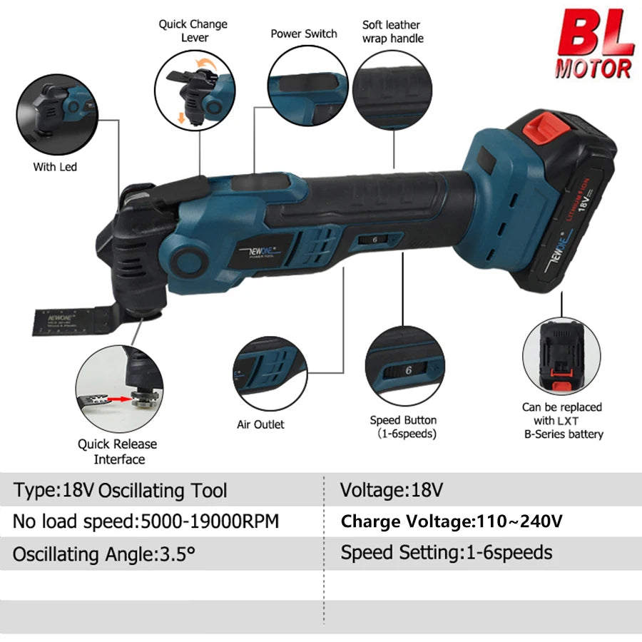 NEWONE 18V Brushless Quick release Oscillating tool Multi functional tool Renovator Electric trimmer Compatible for LXT 18V