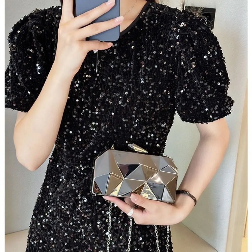 Fashion Geometric Women's Handbag Gold Box Shiny Acrylic Evening Bag Mini Female Purse for Party