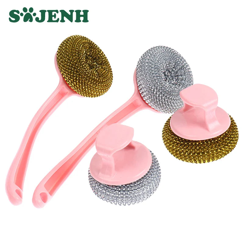 Steel Wire Ball Brush Long Handle Pan Cleaning Brush Dishwashing Toolsstainless Steel Wire Ball Kitchen Scrub Cleaner Supplies