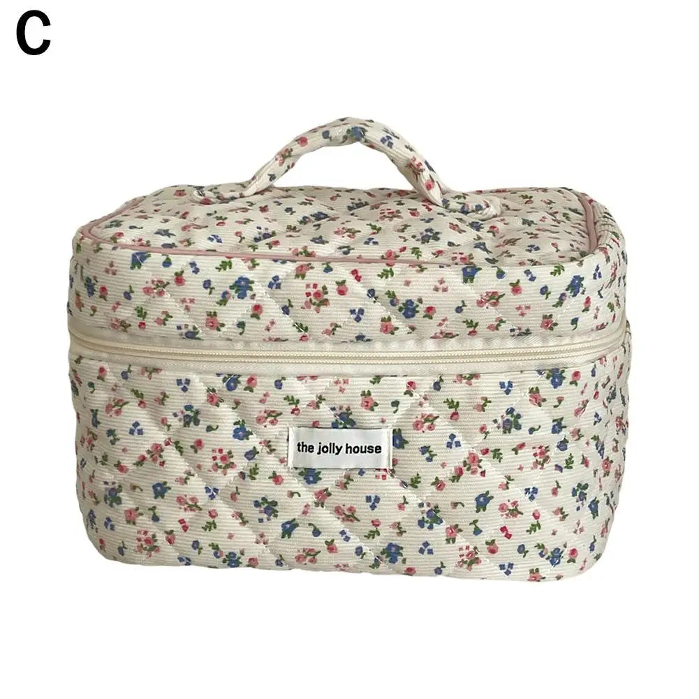 Flower Printed Puffy Quilted Zipper Makeup Bag Storage Organizer Toiletry Handbag Cosmetic Pouch Large Travel Cosmetic Bag