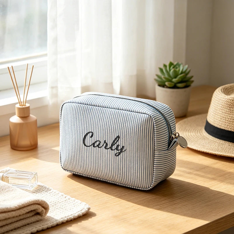 Customised Embroidery/Standard Style 2 Options, High-Look Striped Clutch, Large Capacity Makeup Bag, Back-to-School Season! Gift