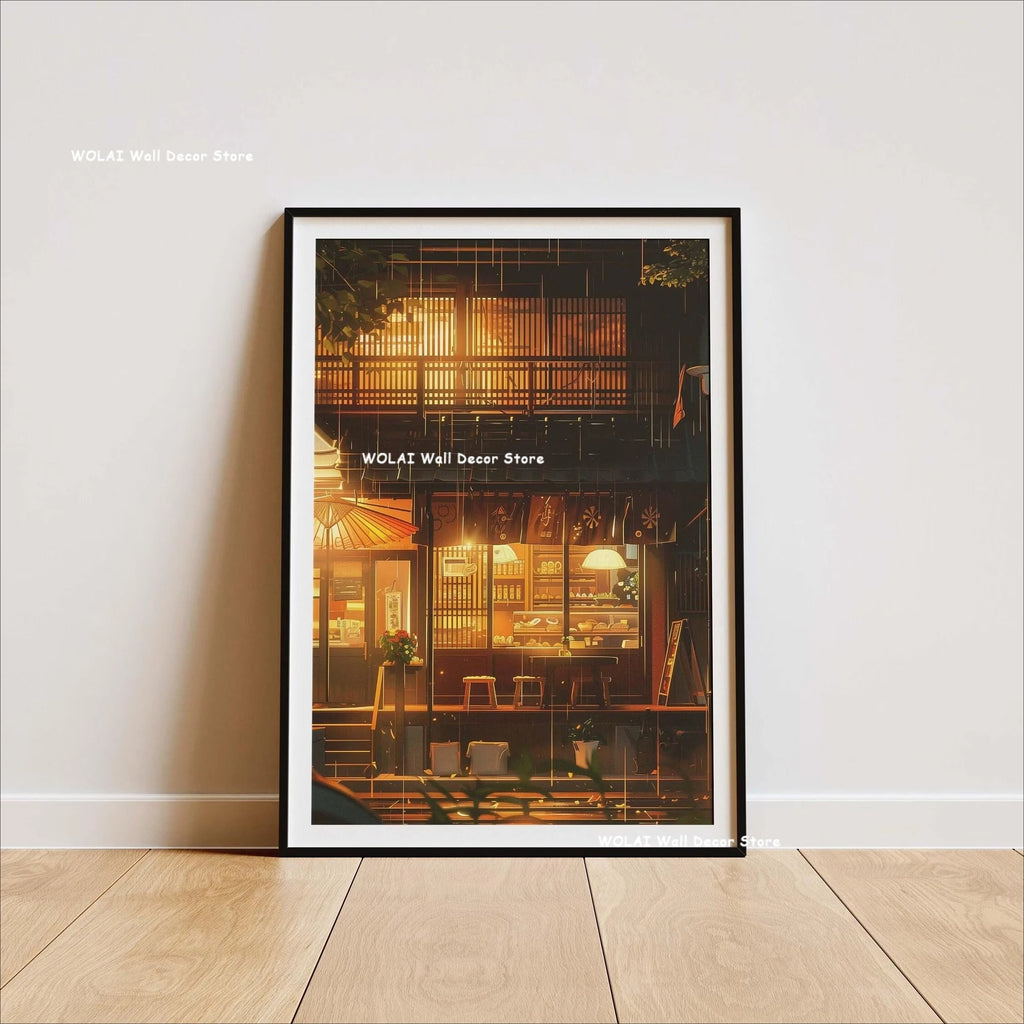 Anime Cafe Shop and Bicycle Canvas Poster Ghibli Work Anime Style Street Cafe Scene Wall Art Printing for Living Room Home Decor