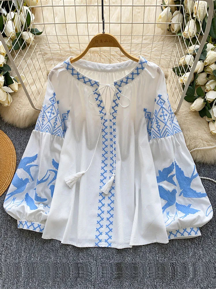 Women Autumn Blouse Bohemian Heavy-Duty V-Neck Embroidered Blouse Korean Long Sleeve Loose Fit Tassel Design Ethnic Top BL338