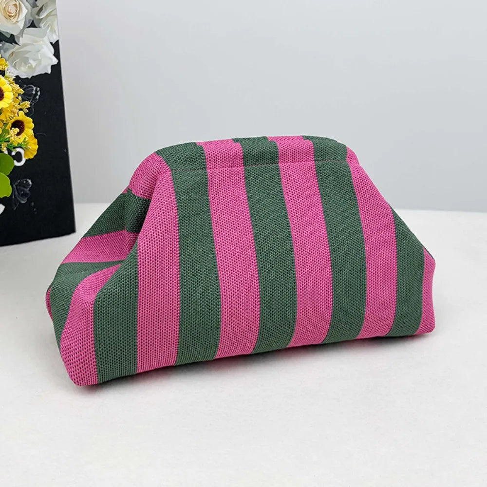 New bright-colored knit bag, thin striped fly-knit cloud, versatile elegant portable makeup bag, large-capacity handbag